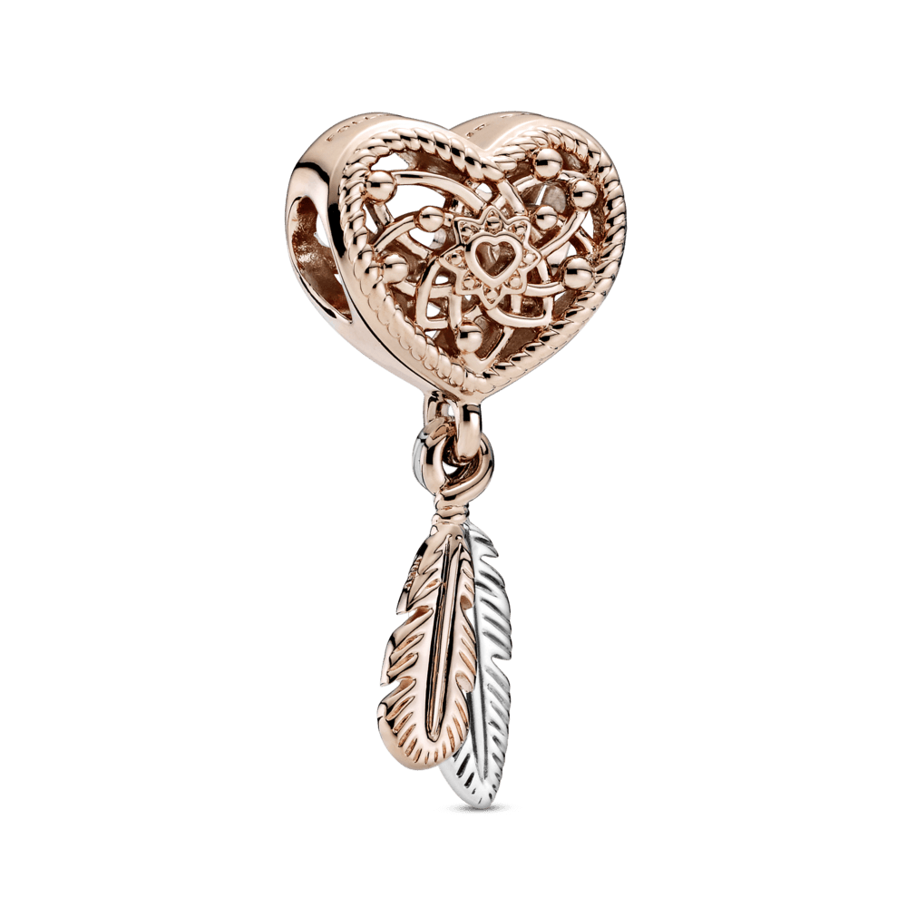 Charm Atrapasueños de corazones y dos plumas Recubrimiento en Oro Rosa de  14k, Pandora - Joyas Pandora