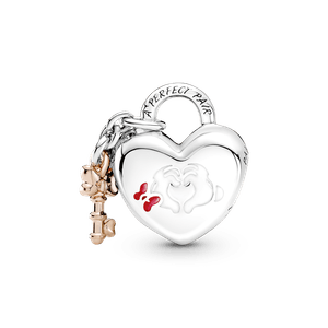 Charm Candado Con Mickey Mouse Y Minnie Mouse De Disney Recubrimiento En Oro Rosa 14k