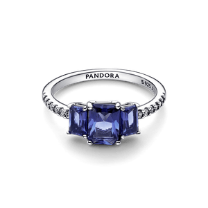 Anillo reluciente con tres piedras rectangulares azules Pandora Plata Esterlina
