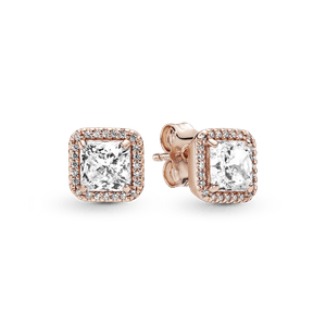 Aretes de botón cuadrados con halo brillante Recubrimiento en Oro Rosa de 14k