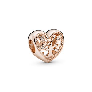 Charm corazón calado Árbol de familia Recubrimiento en Oro Rosa de 14k