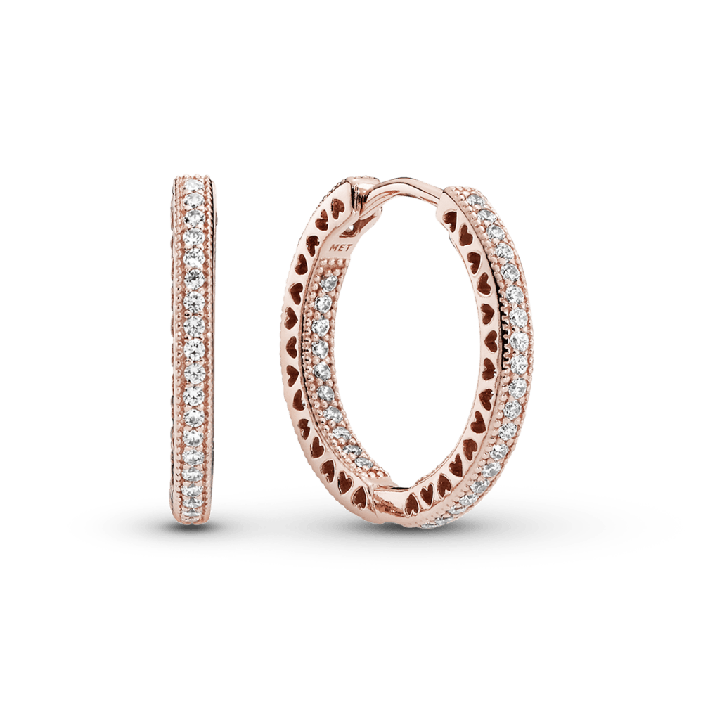 Aretes de aro Brillo y corazones Recubrimiento en Oro Rosa de 14k