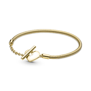 Brazalete Cadena De Serpiente Con Barra T Pandora Moments Con Corazón Recubrimiento En Oro 14k