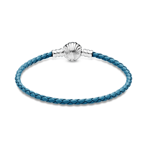 Brazalete Pandora Moments En Cuero Trenzado Turquesa Con Cierre De Concha