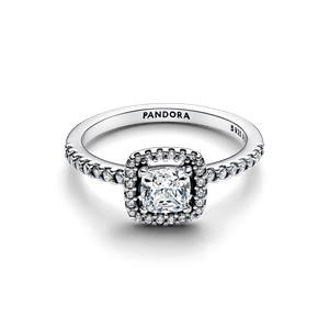 Anillo Halo Cuadrado Brillante Plateado